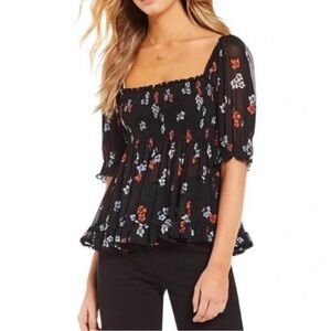 Free People Delta Dawn Mesh Black Blouse Top - Midnight Colorway